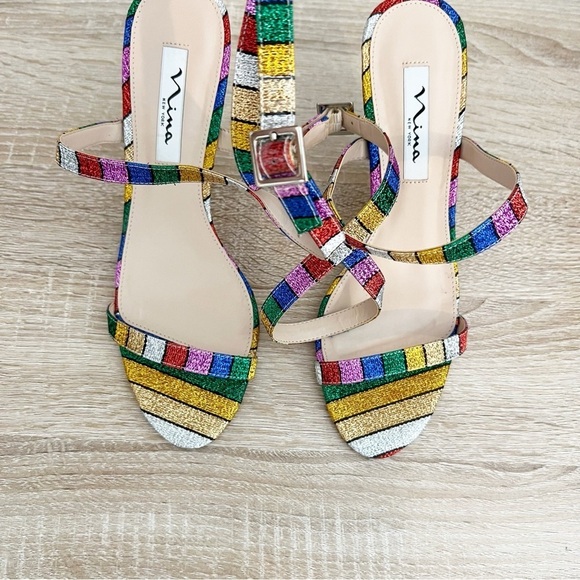 Nina Vanna Ankle Strap Evening Sandals Heels Rainbow Stripe Formal Size 8.5 - Picture 3 of 9